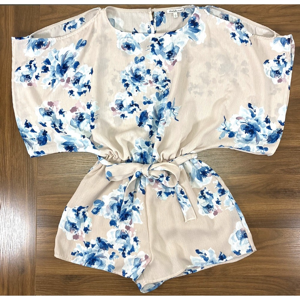Charlotte Russe Womens Pink & Blue Foral Cold Shoulder Kimono Sleeve Romper Sz S